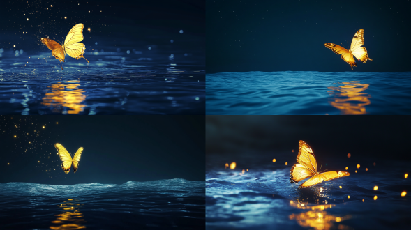 新插画风格，广告风格，极致简约。深蓝海面，有金色大蝴蝶飞过，漆黑夜空。大师风格。8k高清画质。