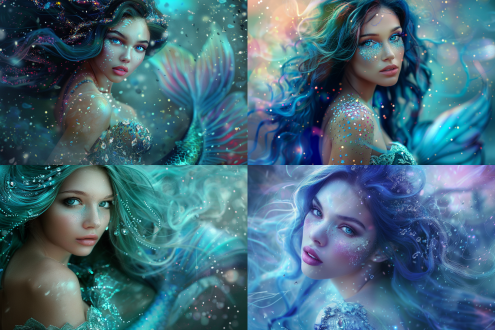 imagine prompt: full - body, alluring mermaid in an advertising - style shot. realistic, with a touch of fantasy. the mermaid has a graceful, curvaceous figure. her face is stunning, with large, dreamy eyes that are a bright aquamarine, filled with mystery. she has full, pink lips. long, flowing hair in a deep blue, glistening like the ocean. she wears a bejeweled bodice that sparkles with gem - like accents. her mermaid tail is covered in iridescent scales, changing colors from light blue to deep purple. surrounded by glowing particles that add a magical touch. a soft light bathes her, creating a warm, inviting glow. the background features an iridescent nebula, adding a psychedelic and magical atmosphere. high - definition, ultra - sharp details. high - contrast for an advertising look.