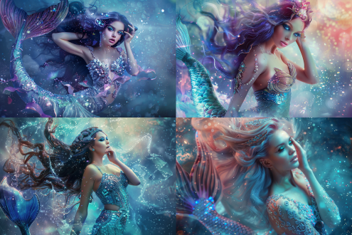 imagine prompt: ultra - high - definition, advertising - style full - body shot of a mermaid with a gracefully posed figure. realistic and fantasy - infused. the mermaid has an exquisitely curvy and elegant physique. her face is bewitchingly beautiful, with large, vivid turquoise eyes, brimming with allure and mystery. her lips are full and a delicate rose - pink, glistening gently. long, flowing hair in a rich indigo hue cascades down, shimmering like satin under the soft light, as if reflecting the deep - sea's secrets. she dons a bejeweled, form - fitting bodice adorned with lustrous pearls and shimmering gemstones that catch and scatter the light. her mermaid tail is a masterpiece, covered in iridescent scales that transition from a pale, celestial blue at the base to a deep, royal purple at the tips. each scale is painstakingly detailed, glistening with an otherworldly sheen. the mermaid is gracefully posed, one hand gently touching her hair, the other extended towards the viewer, as if inviting them into her world. her tail curves in a fluid arc, accentuating her movement and grace. glowing particles float around her, creating a magical, almost ethereal effect. a soft, diffused light from above bathes her, enhancing the details of her features, the sheen of her scales, and the sparkle of her jewels. the background showcases an expansive, iridescent nebula that seems to pulse with a psychedelic glow, creating a magical and immersive atmosphere.