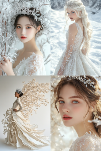 imagine prompt: a full - body portrait of a grape princess exuding an ice - beauty temperament. her crown is crafted from a silver - metal twig, delicately adorned with small, glistening crystals that resemble frost. each of her flowing, floor - length gown's layers is made to look like it's fashioned from frosted glass, with a translucent quality. the gown shimmers in a soft, icy - white light that seems to pass through its fabric, giving an otherworldly glow. her skin has a porcelain - like sheen, as if it too is made of a delicate, translucent material. only the faintest of blushes can be seen on her cheeks, adding a touch of warmth to her otherwise cool appearance. her eyes are a piercing blue, like the heart of a glacier, and her lips are a pale pink, almost white. her hair is a mass of flowing, platinum - blonde locks that cascade down her back, each strand seemingly catching and reflecting the soft white light. it's as if her hair is made of spun glass, adding to her ethereal look. the background is a pure white, creating a clean and simple setting that further emphasizes her icy allure. soft white light bathes the entire scene, highlighting the details of her form and the frosted - glass - like elements of her attire.