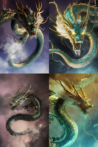 角色主体：威风凛凛的中国龙，龙身覆盖着青金色鳞片（每片鳞片边缘闪耀金色光芒，中央为深邃的青蓝色，纹理细致逼真），龙须细长飘逸（随气流微微摆动，闪烁淡金色光泽），龙角粗壮且有棱（表面似有古老符文隐隐浮现），四肢强劲有力（爪子尖锐如钩，泛着冷冽的金属光泽） 视觉风格：8k超写实摄影、东方奇幻美学 镜头与构图：全身腾飞姿态构图（身体蜿蜒呈s形，右倾45度，展现磅礴气势）、特写龙眼的威严凝视（眼眸金黄，瞳孔深邃，似蕴含无尽智慧与力量），龙嘴微张露出尖锐龙牙（齿间似有云雾缭绕）、局部拍摄龙尾摆动时鳞片的反光与气流波动 光效细节：多束聚光主光源（+30%暖色调，突出神圣庄重）、金色轮廓光（强化龙身立体感）、淡紫色背景反光（营造神秘氛围）、云雾光影模糊景深（增加奇幻感） 材质表现：重点刻画鳞片的光泽与质感，以及龙须、龙角的细腻纹理 氛围营造：在云海中翻江倒海的磅礴时刻（周围云雾汹涌翻腾，被龙的气势搅动）、电闪雷鸣烘托威严（闪电在云海中闪烁，照亮龙身） 技术参数： 分辨率：8k uhd 特效：全局光照（gi）增强空间奇幻感与光影层次 动态模糊：1秒快门速度模拟龙的快速移动与力量感 特征保留：威严眼神（庄重感+50%）、鳞片细节（体现坚韧与华丽）、龙身肌肉线条流畅感（强化力量表现）