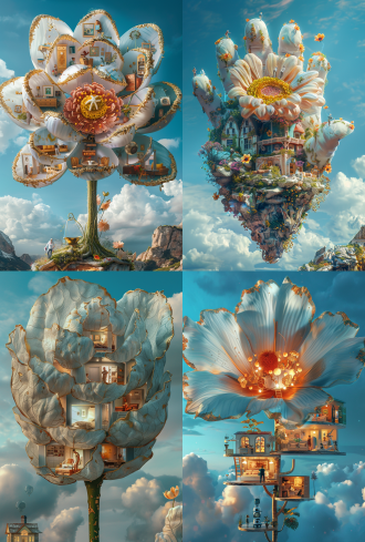 a flower making the rock sign,make an 'rock' gesture,'rock' gesture,digital art piece featuring a flower with petals shaped in an 'rock' gesture. each petal of the flower is holding various items like furniture and people in different rooms of a house inside, as if the flower is a magical container. this is set against a blue sky background. the scene is rendered in high resolution, showcasing detailed textures on the flower, the items, and all other elements. golden accents adorn the edges of the petals and some of the items, adding a touch of luxury. this composition symbolizes advanced home technology that includes virtual commercial product display, ai security systems, and indoor panoramic cameras. the style of the piece is reminiscent of futuristic concept art.