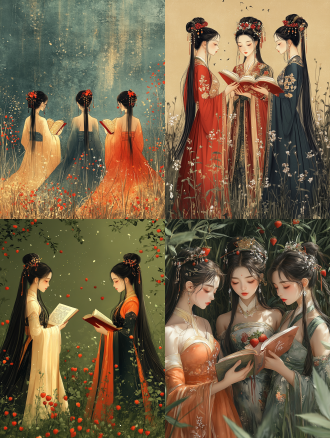 16k超高清画质，极简风格的新插画扁平人物。三个中国古代公主，在清新翠绿的草地上采摘草莓、看书。容貌身材非常美。