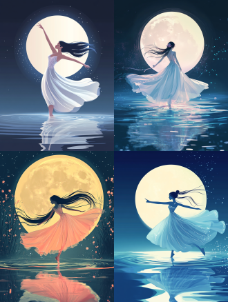 16k 超高清画质，融合极简与奇幻浪漫的扁平插画。仙女身姿曼妙，着带珠光绣纹纱裙。踮脚点水起舞，乌发饰粉晶。背后大圆月，湖面映景。强调月光逆光影效，注重材质质感，依内容调画面比例