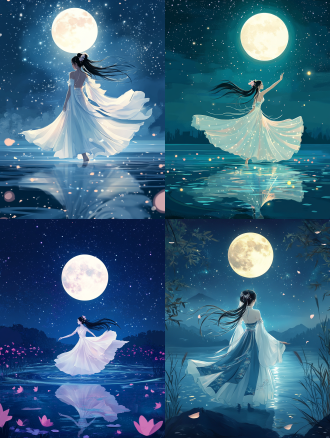 16k 超高清画质，融合极简与奇幻浪漫的扁平插画。中国古代仙女身姿曼妙，着带珠光绣纹纱裙。踮脚点水起舞，乌发饰粉晶。背后无数星星，湖面映景。强调月光逆光影效，注重材质质感，依内容调画面比例