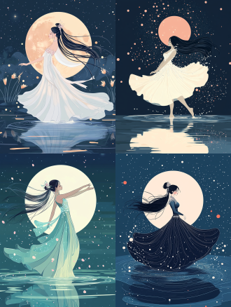 16k 超高清画质，极简主义的扁平插画，线条流畅有质感。中国古代仙女身姿曼妙，穿珠光裙。踮脚点水起舞，乌发饰粉晶。背后无数星星，湖面映景。强调月光逆光影效，注重材质质感，依内容调画面比例