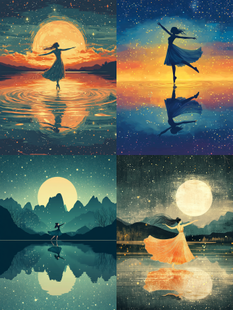 中国古代仙女踮脚轻点湖面，双臂舞动，背后繁星月光，湖面倒映，极简扁平插画，线条质感，逆光，暖冷色调，16k超高清。