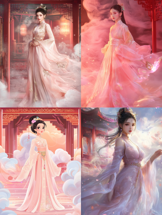 16k 超高清，蒸汽波风格扁平插画。中国古代美女身姿婀娜，面庞精致。身着淡粉薄纱广袖长裙，裙摆绣金色云纹，自带镭射珠光。乌发高挽，饰彩色水晶发簪。背景是复古红粉霓虹中式亭台，云雾缭绕，洒落梦幻光线，地面有粼粼波光反射。画面充满 80s 电子迷幻氛围，细节清晰。