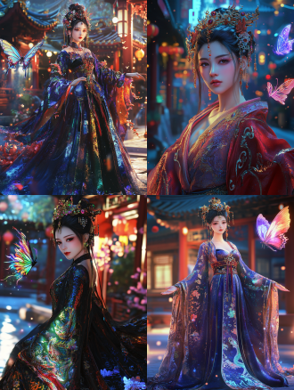 16k 超高清画质，y2k 风格，一位中国古代美女。她柳眉杏目，樱唇不点而朱，妆容闪耀着金属光泽。身着改良汉服，面料镭射反光，绣有五彩丝线交织的龙凤图案，裙摆不规则剪裁。头戴凤冠，镶嵌彩色宝石与亮片。站在霓虹闪烁的中式庭院，身旁飘着全息蝴蝶，细节分毫毕现。