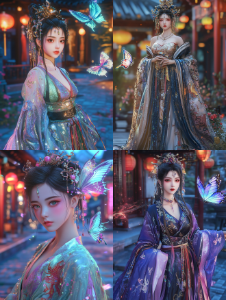 16k 超高清画质，y2k 风格，一位中国古代美女。她柳眉杏目，樱唇不点而朱，妆容闪耀着金属光泽。身着改良汉服，面料镭射反光，绣有五彩丝线交织的龙凤图案，裙摆不规则剪裁。头戴凤冠，镶嵌彩色宝石与亮片。站在霓虹闪烁的中式庭院，身旁飘着全息蝴蝶，细节分毫毕现。