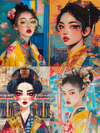 16k 超高清，孟菲斯风格，绘中国古代美女。瓜子脸，丹凤眼，唇若樱桃，妆容色彩浓烈大胆。身着撞色拼接古装，明黄配宝蓝，裙摆锯齿状，绣几何纹样。头梳高髻，簪夸张几何造型发饰，金属与彩色塑料质感并存。背景为高饱和色块构建的中式楼阁，搭配古怪新奇图案，细节清晰。