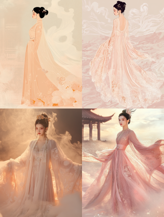 16k 超高清，蒸汽波风格扁平插画。中国古代美女身姿绰约，面容娟秀。身着浅藕色薄纱广袖长裙，裙摆以淡金色丝线绣就如意云纹，薄纱散发柔和镭射微光。乌发高盘，点缀淡彩色水晶发簪。背景为淡粉与米黄交织的复古中式亭台，轻烟袅袅，洒下朦胧暖光，地面波光粼粼，透着淡雅诗意，满溢 80s 柔和电子氛围，细节清晰。