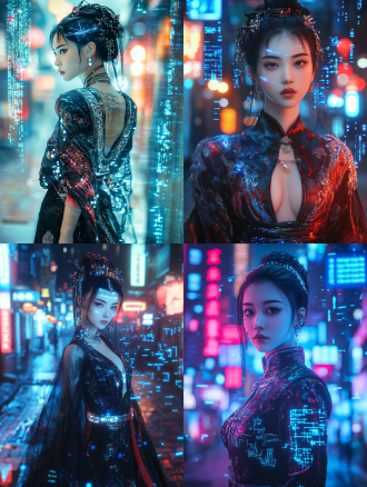 16k 超高清，赛博朋克风格。中国古代美女，柳叶眉斜飞入鬓，双眸清冷如星，泛着幽蓝电子光。身着改良旗袍，黑红主色，银丝绣纹，融入电路线条，布料有全息投影般流光。腰束金属腰带，配饰为机械质感珠翠。站在霓虹闪烁、光影交错的未来古城街头，身旁悬浮着数据代码，细节分毫毕现。