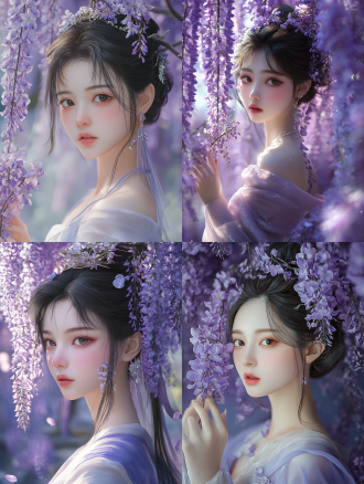 16k 超高清，工笔画风格。一位中国古代紫藤萝仙子，瓜子脸，柳眉弯弯似新月，双眸清澈含情，琼鼻秀挺，樱唇粉润。乌发如云，梳高髻并以紫藤萝花簪点缀，花朵娇艳，藤萝蜿蜒。身着淡紫薄纱长裙，裙摆绣紫藤萝图案，针法细腻，丝线闪烁微光。手持紫藤萝花枝，花瓣飘落。背景为紫藤萝花架，繁花簇拥，光影透过缝隙，营造朦胧意境，细节分毫毕现。