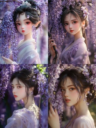 16k 超高清，工笔画风格。一位中国古代紫藤萝仙子，瓜子脸，柳眉弯弯似新月，双眸清澈含情，琼鼻秀挺，樱唇粉润。乌发如云，梳高髻并以紫藤萝花簪点缀，花朵娇艳，藤萝蜿蜒。身着淡紫薄纱长裙，裙摆绣紫藤萝图案，针法细腻，丝线闪烁微光。手持紫藤萝花枝，花瓣飘落。背景为紫藤萝花架，繁花簇拥，光影透过缝隙，营造朦胧意境，细节分毫毕现。