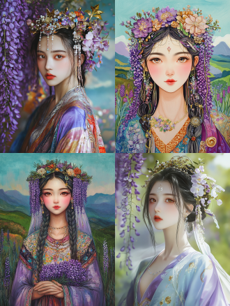 16k 超高清，仿敦煌壁画风格。中国古代紫藤萝仙子身姿婀娜，面如满月，柳眉细长，双眸明澈似含秋水，朱唇不点而嫣红。头戴精致花冠，以金银丝线缠绕，镶嵌紫水晶与珍珠，如繁星闪烁。发间垂落紫藤萝状璎珞，随风轻摇。 身着五彩斑斓的曳地长裙，色彩明艳浓烈，以朱砂、石绿、赭石等传统颜料绘就。裙摆绣满细腻的紫藤萝花纹，线条流畅，花朵形态各异，栩栩如生。肩披薄如蝉翼的淡紫色帔帛，上有金银粉勾勒的卷草纹，飘逸灵动。 她手持一串紫藤萝花束，花瓣仿若随风飘落。周身环绕着淡紫色的光晕，似有祥瑞之气。背景是敦煌风格的青绿山水，远处山峦起伏，近处紫藤萝花树繁茂，紫色花朵与黄色花蕊相互映衬，色彩绚丽。画面以沥粉堆金工艺突出重点装饰，细节清晰，尽显古朴庄重与奇幻之美。