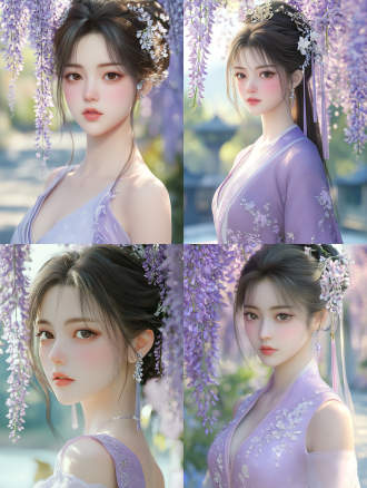 16k 超高清画质，新中式风格。紫藤萝仙子面容姣好，柳叶眉纤细修长，杏仁眼灵动含情，鼻梁秀挺，唇若樱桃。乌发高挽成简洁发髻，几缕碎发垂落脸颊，饰以精致紫藤萝发夹，金属质感与淡紫水晶搭配，简约又亮眼。 身着淡紫色改良旗袍，修身剪裁凸显曼妙身姿。领口、袖口以紫色丝线绣紫藤萝图案，针法细腻。裙摆开叉处露出白皙小腿，走动间若隐若现。面料有轻微光泽，仿若蒙着一层薄纱。 她立于淡蓝色调的中式庭院，地面是古朴青砖，一旁紫藤萝花架蜿蜒曲折，花朵串串垂下。阳光透过花枝洒下斑驳光影，映照在仙子身上，营造出柔和氛围，画面细节清晰入微。