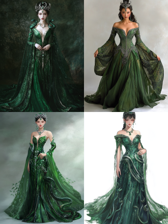 16k超高清，y2k风格。美女蛇公主，倾国倾城。上身着青绿色衣，以顶级绸缎为料，细腻光泽如蛇鳞。领口呈蛇首微张状，镶嵌细碎祖母绿宝石，仿若蛇口尖牙。肩带为幻彩镭射薄纱，似灵动蛇信，随动作闪烁梦幻光芒。衣上满是银线绣制的蛇鳞纹，辅以水钻点缀，璀璨夺目。 下身搭配曳地长裙，外层轻薄雪纺自带幻彩珠光，内层为深青色真丝衬裙。精心绣着银色竹叶与繁复蛇纹，高贵。裙摆呈不规则波浪形，模拟蛇尾摆动姿态，飘逸灵动。 头戴华丽蛇形皇冠，由纯银打造并镶嵌大量青绿色宝石，蛇眼部位为两颗闪耀的猫眼石，散发神秘威严光芒。耳坠是造型独特的蛇形，坠着水滴状的海蓝宝石，摇曳生姿。颈间佩戴多串银质蛇形项链，搭配一颗鸽蛋大小的青绿色宝石吊坠，彰显尊贵身份。双臂佩戴宽幅银质蛇形臂环，上刻精细花纹，镶嵌小颗宝石。双手戴满蛇形戒指，部分戒指上的蛇头镶有红色宝石，宛如随时准备出击。整体造型完美，端庄，尽显公主的高贵与神秘。