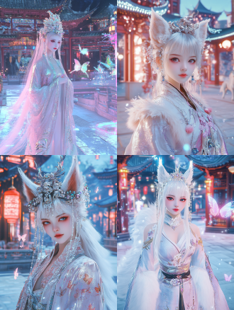 16k 超高清画质，y2k 风格。一位中国古代白狐狸美女，长相甜美动人，美得令人震撼。她柳眉纤细，如春日新柳般弯弯入鬓，杏目圆睁，眼眸似剔透琥珀，闪烁着灵动光芒，眼尾自然上挑，自带媚态。樱唇不点而朱，恰似三月桃花，泛着晶莹水光，妆容闪耀着冷调金属光泽，银色闪粉轻铺，仿若霜雪。 她头戴特制凤冠，主体由白银精心打造，凤凰造型栩栩如生，振翅欲飞。凤冠上镶嵌着粉、蓝、紫等彩色宝石与细碎亮片，光芒交织，璀璨夺目。凤冠垂下数条细长银链，链尾缀着小巧圆润的珍珠与银质铃铛，走动间，铃铛轻响，悦耳动听。 身着改良汉服，面料为镭射反光材质，银光闪烁，宛如流动的月光。衣身以五彩丝线绣满龙凤与灵狐图案，龙凤姿态威严，灵狐灵动俏皮，相互映衬。领口与袖口处，毛茸茸的白色狐毛柔软蓬松，尽显高贵与甜美。裙摆呈不规则剪裁，长短错落，随风飘动，犹如灵动的狐尾。 她站在霓虹闪烁的中式庭院之中，地面由光洁的汉白玉铺就，四周亭台楼阁雕梁画栋，被梦幻般的霓虹灯光笼罩。身旁飘着全息蝴蝶，蝴蝶翅膀上闪烁着金属光泽，与她身上的装饰交相辉映，散发出奇幻而迷人的气息。画面细节分毫毕现，将 y2k 风格的潮流感与中国古代的神秘韵味完美融合。