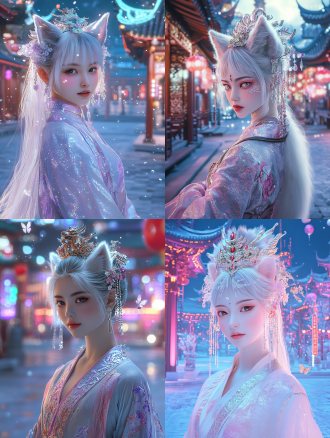 16k 超高清画质，y2k 风格。一位中国古代白狐狸美女，长相甜美动人，美得令人震撼。她柳眉纤细，如春日新柳般弯弯入鬓，杏目圆睁，眼眸似剔透琥珀，闪烁着灵动光芒，眼尾自然上挑，自带媚态。樱唇不点而朱，恰似三月桃花，泛着晶莹水光，妆容闪耀着冷调金属光泽，银色闪粉轻铺，仿若霜雪。 她头戴特制凤冠，主体由白银精心打造，凤凰造型栩栩如生，振翅欲飞。凤冠上镶嵌着粉、蓝、紫等彩色宝石与细碎亮片，光芒交织，璀璨夺目。凤冠垂下数条细长银链，链尾缀着小巧圆润的珍珠与银质铃铛，走动间，铃铛轻响，悦耳动听。 身着改良汉服，面料为镭射反光材质，银光闪烁，宛如流动的月光。衣身以五彩丝线绣满龙凤与灵狐图案，龙凤姿态威严，灵狐灵动俏皮，相互映衬。领口与袖口处，毛茸茸的白色狐毛柔软蓬松，尽显高贵与甜美。裙摆呈不规则剪裁，长短错落，随风飘动，犹如灵动的狐尾。 她站在霓虹闪烁的中式庭院之中，地面由光洁的汉白玉铺就，四周亭台楼阁雕梁画栋，被梦幻般的霓虹灯光笼罩。身旁飘着全息蝴蝶，蝴蝶翅膀上闪烁着金属光泽，与她身上的装饰交相辉映，散发出奇幻而迷人的气息。画面细节分毫毕现，将 y2k 风格的潮流感与中国古代的神秘韵味完美融合。