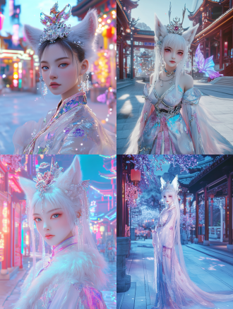16k 超高清画质，y2k 风格。一位中国古代白狐狸美女，长相甜美动人，美得令人震撼。她柳眉纤细，如春日新柳般弯弯入鬓，杏目圆睁，眼眸似剔透琥珀，闪烁着灵动光芒，眼尾自然上挑，自带媚态。樱唇不点而朱，恰似三月桃花，泛着晶莹水光，妆容闪耀着冷调金属光泽，银色闪粉轻铺，仿若霜雪。 她头戴特制凤冠，主体由白银精心打造，凤凰造型栩栩如生，振翅欲飞。凤冠上镶嵌着粉、蓝、紫等彩色宝石与细碎亮片，光芒交织，璀璨夺目。凤冠垂下数条细长银链，链尾缀着小巧圆润的珍珠与银质铃铛，走动间，铃铛轻响，悦耳动听。 身着改良汉服，面料为镭射反光材质，银光闪烁，宛如流动的月光。衣身以五彩丝线绣满龙凤与灵狐图案，龙凤姿态威严，灵狐灵动俏皮，相互映衬。领口与袖口处，毛茸茸的白色狐毛柔软蓬松，尽显高贵与甜美。裙摆呈不规则剪裁，长短错落，随风飘动，犹如灵动的狐尾。 她站在霓虹闪烁的中式庭院之中，地面由光洁的汉白玉铺就，四周亭台楼阁雕梁画栋，被梦幻般的霓虹灯光笼罩。身旁飘着全息蝴蝶，蝴蝶翅膀上闪烁着金属光泽，与她身上的装饰交相辉映，散发出奇幻而迷人的气息。画面细节分毫毕现，将 y2k 风格的潮流感与中国古代的神秘韵味完美融合。