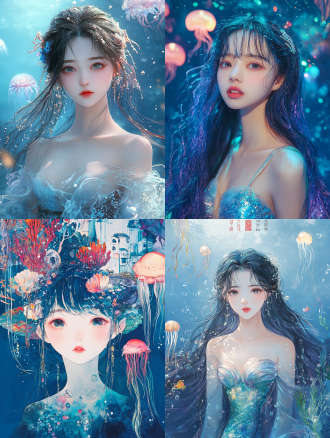 16k超高清，y2k为主融合少量传统水墨画扁平插画风格。远景全身视角，一条动人的美人鱼。她有着甜美的面容，大大的眼睛如深邃的海洋般湛蓝，眼尾微微上翘，带着俏皮与灵动，粉色的唇瓣轻扬，露出迷人微笑，细腻的表情散发独特魅力。 美人鱼一头如海藻般的长发披散在肩头，发间点缀着五彩镭射贝壳与珍珠，随着水波微微晃动，闪烁出奇幻光芒。她上身穿着镭射质感的抹胸，颜色如深海般幽蓝，带有强烈金属光泽，其上以金银丝线绣满了形似珊瑚的图案，绣工精细，图案立体感十足，仿佛真实的珊瑚在水中摇曳。 下身鱼尾宽大且造型优美，由无数片闪耀着五彩镭射光的鳞片组成，鳞片纹理细致逼真，在光线折射下呈现出彩虹般绚烂色彩，边缘呈不规则波浪状，如同灵动的水流。鱼尾上还以淡墨线条简单勾勒出一些类似传统云纹的图案，融入少许水墨画元素。 美人鱼置身于奇幻的y2k风格海底世界，周围是发着霓虹灯光的透明水母，水母的触须如闪烁的光纤。巨大的珊瑚礁像是由彩色金属打造，散发着镭射光芒。背后的海底城堡轮廓以简洁的水墨线条描绘，墙体上闪烁着y2k风格的像素化灯光。 柔和的光线从上方洒落，在长曝光与慢快门效果下，海水仿佛流动的光幕，营造出充满动感与梦幻的氛围，整个画面色调明快且清新，既展现y2k风格的现代科技感，又保留一丝传统韵味。