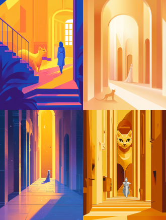 扁平插画，16k超高清画质，y2k 风格，线条极简主义。整体以明亮且具镭射质感的金色为主色调，远景全身的金色大猫，驮着一个银色的公主。