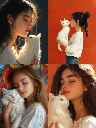 16k高清，欧普艺术风格线条，远景全身照。一个穿白衬衫牛仔裤的女生抱着一只白猫，扁平人物插画，手绘风格。
