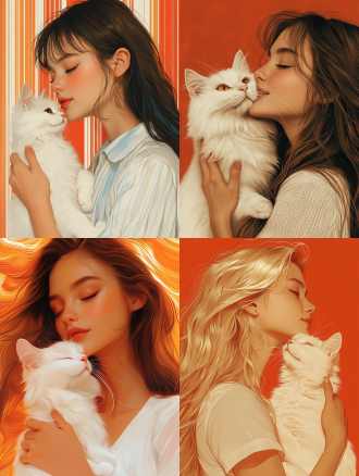 16k高清，欧普艺术风格线条作为背景，远景全身照。一个穿白衬衫牛仔裤的女生抱着一只白猫，扁平人物插画，手绘风格。