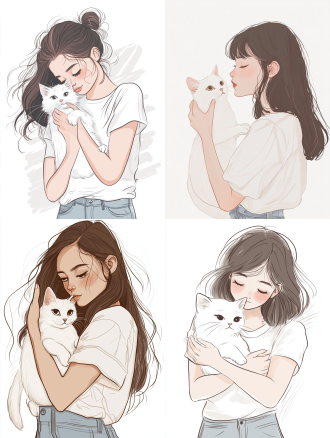 背景白色，幻想可爱生物线稿图，简洁线条，卡通风格，16k高清，欧普艺术风格线条作为背景，远景全身照。一个穿白衬衫牛仔裤的女生抱着一只白猫，扁平人物插画，手绘风格。
