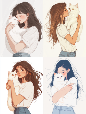 背景白色，幻想可爱生物线稿图，简洁线条，卡通风格，16k高清，欧普艺术风格线条作为背景，远景全身照。一个穿白衬衫牛仔裤的女生抱着一只白猫，扁平人物插画，手绘风格。