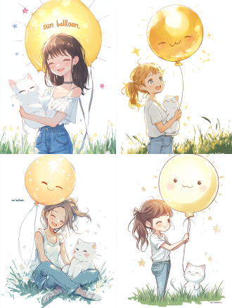 16k高清，简洁线条的卡通风格幻想可爱生物线稿图，背景为白色。 画面中，一位充满青春活力的女生，身着宽松的白衬衫，衬衫领口微微敞开，露出纤细的锁骨，袖口随意挽起，露出白皙的小臂。她下身搭配一条浅蓝色牛仔裤，裤子上有一些独特的破洞设计，破洞边缘用简洁的线条勾勒出不规则形状，增添时尚感。牛仔裤的裤脚微微卷起，露出纤细的脚踝。 女生面带灿烂的笑容，眼睛眯成弯弯的月牙，洋溢着幸福与惬意。她的头发简单束成一个高马尾，几缕碎发垂落在脸颊两侧，用流畅的线条表现出头发的轻盈与灵动。 女生怀里抱着一只可爱的白猫，白猫体型圆润，耳朵尖尖，眼睛又大又圆，犹如两颗晶莹的宝石。猫身上的毛用简洁且疏密有致的线条表现，突出毛发的柔软质感。白猫乖巧地窝在女生怀里，一只爪子轻轻搭在女生的手臂上，尾巴自然下垂，尾尖微微弯曲。 女生和猫身处一片奇幻的草地上，草地并非普通模样，而是由一颗颗闪烁着微光的星星组成，每颗星星用简单的五角线条勾勒。星星草地向远方延伸，与白色背景自然融合。 在女生和猫的上方，太阳并不是传统的圆形，而是一个巨大的、有着可爱笑脸的黄色气球，气球上用线条勾勒出弯弯的眼睛和咧开的嘴巴，仿佛在和女生与猫一同享受美好时光。从“太阳气球”上垂下几根细细的绳子，绳子系在草地上，固定着“太阳”。气球散发出柔和的光线，用放射状的简洁线条表示，光线洒在女生和猫身上，营造出晒太阳的温暖氛围。整个画面充满创意与幻想，展现出独特的原创卡通风格。