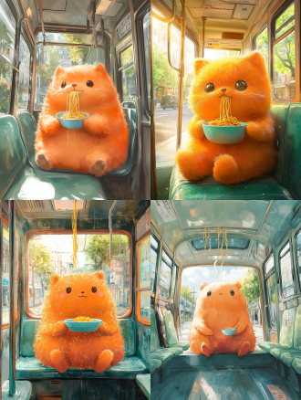 16k超高清，融合奇幻超现实与扁平插画风格。画面主体为一只坐在公交车里的橘色狗。狗的造型可爱圆润，橘色皮毛以细腻笔触绘制，深浅变化表现出毛发质感，耳朵尖与肚皮毛色稍浅，眼睛明亮而好奇，正专注地吃着面条。 它面前是一根从天上垂落到公交车内的面条，面条细长且富有弹性，仿佛在空中微微颤动。面条碗悬浮在天上，碗的设计简洁，带有清新自然的淡蓝色花纹。 公交车内部以扁平风格呈现，座椅为淡绿色，车窗明亮，能看到外面简单勾勒的清新街景，街道两旁是嫩绿的树木与五颜六色的花朵。公交车整体色调偏淡木色，与窗外街景共同营造出清新自然的氛围。 画面光线柔和均匀，如同透过薄纱洒入车内，突出主体又使整体视觉舒适。采用低饱和度配色，如橘色狗身搭配淡蓝面条碗、淡绿座椅等，色彩清新自然，充满奇幻与童趣。