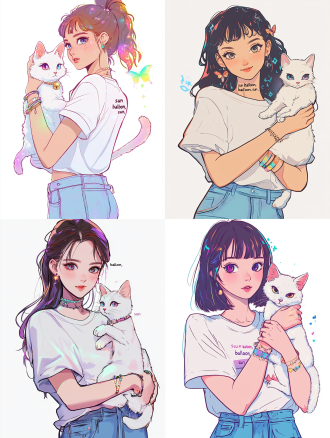 16k 超高清，简洁线条的卡通风格与 y2k 风格巧妙融合的幻想可爱生物线稿图，背景为纯净白色。 画面的核心是一位充满青春活力的女生。她身着宽松的白衬衫，领口微微敞开，精致的锁骨若隐若现，挽起的袖口处装饰着镭射质感的彩色线条，在光线下闪烁着迷人微光。白衬衫上点缀着 y2k 风格的像素化图案，如闪耀的星星、俏皮的爱心等，尽显时尚与活力。下身搭配的浅蓝色牛仔裤，破洞边缘以荧光色线条勾勒出不规则形状，极具视觉冲击力。微微卷起的裤脚，露出纤细脚踝，脚踝上佩戴着一条串有彩色珠子与小镭射片的脚链，行走间叮当作响。 女生脸上洋溢着灿烂笑容，眼睛笑成弯弯月牙，幸福与惬意之情扑面而来。她将头发束成高马尾，马尾上系着一个五彩镭射蝴蝶结，灵动的几缕碎发垂落在脸颊两侧，线条流畅地展现出头发的轻盈与灵动，碎发末梢还闪烁着细碎的镭射光泽。 女生温柔地怀抱着一只可爱的白猫。猫咪身形圆润，耳朵尖尖直立，显得格外机灵。眼睛又大又圆，犹如晶莹剔透的宝石，瞳仁中还带有轻微的镭射反光效果，仿佛藏着星辰大海。猫身上的毛以简洁且疏密有致的线条描绘，部分毛发末梢呈现出淡淡的彩色荧光，既突出了毛发的柔软质感，又增添了 y2k 风格的独特氛围。白猫乖巧地窝在女生怀中，一只爪子轻轻搭在女生手臂上，爪子尖透着淡淡的粉色，萌态十足。尾巴自然下垂，尾尖微微弯曲，尾巴上间隔分布着几个小巧的镭射铃铛，随着猫咪的动作轻轻晃动。 女生和猫咪置身于一片如梦如幻的草地上，这片草地并非寻常模样，而是由一颗颗闪烁着强烈荧光的星星构成。每颗星星均以简单的五角线条勾勒，星星之间有若隐若现的彩色镭射光线相互连接，交织成一种充满未来感的梦幻网格效果。这片星星草地向着远方无限延伸，与纯净的白色背景自然相融，营造出广阔无垠的视觉感受。 在女生和猫咪的上方，太阳不再是传统的圆形，而是一个巨大且面带可爱笑脸的黄色气球。气球表面贴满了 y2k 风格的闪亮贴纸，如绚丽的彩虹、神秘的独角兽等充满幻想的图案。用线条勾勒出的弯弯眼睛和咧开的嘴巴处，镶嵌着小型的彩色灯泡，仿佛在欢快地闪烁，为画面增添了一份活泼与俏皮。从 “太阳气球” 上垂下几根带有五彩荧光的细绳，绳子稳稳地系在草地上，将 “太阳” 固定在空中。气球散发出的柔和光线，以放射状的彩色镭射线条来表现，光线均匀地洒在女生和猫咪身上，营造出温馨惬意的晒太阳氛围，淋漓尽致地展现出 y2k 风格的未来感与奇幻色彩，整个画面充满创意与幻想，彰显出独特的原创卡通风格。