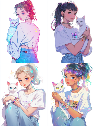 16k 超高清，简洁线条的卡通风格与 y2k 风格巧妙融合的幻想可爱生物线稿图，背景为纯净白色。 画面的核心是一位充满青春活力的女生。她身着宽松的白衬衫，领口微微敞开，精致的锁骨若隐若现，挽起的袖口处装饰着镭射质感的彩色线条，在光线下闪烁着迷人微光。白衬衫上点缀着 y2k 风格的像素化图案，如闪耀的星星、俏皮的爱心等，尽显时尚与活力。下身搭配的浅蓝色牛仔裤，破洞边缘以荧光色线条勾勒出不规则形状，极具视觉冲击力。微微卷起的裤脚，露出纤细脚踝，脚踝上佩戴着一条串有彩色珠子与小镭射片的脚链，行走间叮当作响。 女生脸上洋溢着灿烂笑容，眼睛笑成弯弯月牙，幸福与惬意之情扑面而来。她将头发束成高马尾，马尾上系着一个五彩镭射蝴蝶结，灵动的几缕碎发垂落在脸颊两侧，线条流畅地展现出头发的轻盈与灵动，碎发末梢还闪烁着细碎的镭射光泽。 女生温柔地怀抱着一只可爱的白猫。猫咪身形圆润，耳朵尖尖直立，显得格外机灵。眼睛又大又圆，犹如晶莹剔透的宝石，瞳仁中还带有轻微的镭射反光效果，仿佛藏着星辰大海。猫身上的毛以简洁且疏密有致的线条描绘，部分毛发末梢呈现出淡淡的彩色荧光，既突出了毛发的柔软质感，又增添了 y2k 风格的独特氛围。白猫乖巧地窝在女生怀中，一只爪子轻轻搭在女生手臂上，爪子尖透着淡淡的粉色，萌态十足。尾巴自然下垂，尾尖微微弯曲，尾巴上间隔分布着几个小巧的镭射铃铛，随着猫咪的动作轻轻晃动。 女生和猫咪置身于一片如梦如幻的草地上，这片草地并非寻常模样，而是由一颗颗闪烁着强烈荧光的星星构成。每颗星星均以简单的五角线条勾勒，星星之间有若隐若现的彩色镭射光线相互连接，交织成一种充满未来感的梦幻网格效果。这片星星草地向着远方无限延伸，与纯净的白色背景自然相融，营造出广阔无垠的视觉感受。 在女生和猫咪的上方，太阳不再是传统的圆形，而是一个巨大且面带可爱笑脸的黄色气球。气球表面贴满了 y2k 风格的闪亮贴纸，如绚丽的彩虹、神秘的独角兽等充满幻想的图案。用线条勾勒出的弯弯眼睛和咧开的嘴巴处，镶嵌着小型的彩色灯泡，仿佛在欢快地闪烁，为画面增添了一份活泼与俏皮。从 “太阳气球” 上垂下几根带有五彩荧光的细绳，绳子稳稳地系在草地上，将 “太阳” 固定在空中。气球散发出的柔和光线，以放射状的彩色镭射线条来表现，光线均匀地洒在女生和猫咪身上，营造出温馨惬意的晒太阳氛围，淋漓尽致地展现出 y2k 风格的未来感与奇幻色彩，整个画面充满创意与幻想，彰显出独特的原创卡通风格。