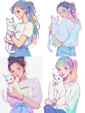 16k 超高清，简洁线条的卡通风格与 y2k 风格巧妙融合的幻想可爱生物线稿图，背景为纯净白色。 画面的核心是一位充满青春活力的女生。她身着宽松的白衬衫，领口微微敞开，精致的锁骨若隐若现，挽起的袖口处装饰着镭射质感的彩色线条，在光线下闪烁着迷人微光。白衬衫上点缀着 y2k 风格的像素化图案，如闪耀的星星、俏皮的爱心等，尽显时尚与活力。下身搭配的浅蓝色牛仔裤，破洞边缘以荧光色线条勾勒出不规则形状，极具视觉冲击力。微微卷起的裤脚，露出纤细脚踝，脚踝上佩戴着一条串有彩色珠子与小镭射片的脚链，行走间叮当作响。 女生脸上洋溢着灿烂笑容，眼睛笑成弯弯月牙，幸福与惬意之情扑面而来。她将头发束成高马尾，马尾上系着一个五彩镭射蝴蝶结，灵动的几缕碎发垂落在脸颊两侧，线条流畅地展现出头发的轻盈与灵动，碎发末梢还闪烁着细碎的镭射光泽。 女生温柔地怀抱着一只可爱的白猫。猫咪身形圆润，耳朵尖尖直立，显得格外机灵。眼睛又大又圆，犹如晶莹剔透的宝石，瞳仁中还带有轻微的镭射反光效果，仿佛藏着星辰大海。猫身上的毛以简洁且疏密有致的线条描绘，部分毛发末梢呈现出淡淡的彩色荧光，既突出了毛发的柔软质感，又增添了 y2k 风格的独特氛围。白猫乖巧地窝在女生怀中，一只爪子轻轻搭在女生手臂上，爪子尖透着淡淡的粉色，萌态十足。尾巴自然下垂，尾尖微微弯曲，尾巴上间隔分布着几个小巧的镭射铃铛，随着猫咪的动作轻轻晃动。 女生和猫咪置身于一片如梦如幻的草地上，这片草地并非寻常模样，而是由一颗颗闪烁着强烈荧光的星星构成。每颗星星均以简单的五角线条勾勒，星星之间有若隐若现的彩色镭射光线相互连接，交织成一种充满未来感的梦幻网格效果。这片星星草地向着远方无限延伸，与纯净的白色背景自然相融，营造出广阔无垠的视觉感受。 在女生和猫咪的上方，太阳不再是传统的圆形，而是一个巨大且面带可爱笑脸的黄色气球。气球表面贴满了 y2k 风格的闪亮贴纸，如绚丽的彩虹、神秘的独角兽等充满幻想的图案。用线条勾勒出的弯弯眼睛和咧开的嘴巴处，镶嵌着小型的彩色灯泡，仿佛在欢快地闪烁，为画面增添了一份活泼与俏皮。从 “太阳气球” 上垂下几根带有五彩荧光的细绳，绳子稳稳地系在草地上，将 “太阳” 固定在空中。气球散发出的柔和光线，以放射状的彩色镭射线条来表现，光线均匀地洒在女生和猫咪身上，营造出温馨惬意的晒太阳氛围，淋漓尽致地展现出 y2k 风格的未来感与奇幻色彩，整个画面充满创意与幻想，彰显出独特的原创卡通风格。