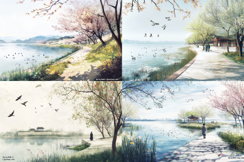 16k 超高清，中国传统工笔淡彩风格，展现《钱塘湖春行》意境。 画面以全景视角呈现钱塘湖春日风光。孤山寺北、贾亭西侧，湖水初涨，水面与堤岸齐平，远处云层低垂，似与湖面相接，营造出开阔而悠远的氛围。 近处，几处早莺在向阳的树枝间欢快啼鸣、竞相争占暖树，以细腻笔触描绘出莺鸟灵动的身姿与活泼的神态，羽毛色泽鲜艳。新燕穿梭其间，嘴衔春泥，为筑新巢忙碌，翅膀扇动带起微风，尽显春日生机。 湖边，缤纷的野花渐次开放，色彩淡雅且丰富，花瓣用细腻线条勾勒，花蕊点缀其中，纷繁的花朵让人眼目迷离。嫩绿的浅草刚刚能没过马蹄，草叶长短参差，疏密有致，随风轻摆。 画面中心偏右处，诗人漫步于湖东，身着素色长袍，头戴方巾，面带陶醉神情，流连忘返。其身后是绿杨成荫的白沙堤，堤上杨柳依依，垂下的枝条随风摇曳，柳叶嫩绿清新，与白沙堤的洁白相互映衬。 画面整体色调清新明快，以淡墨勾勒轮廓，淡彩晕染，着重体现春天的蓬勃生机与淡雅韵味。光线模拟清晨柔和阳光，从画面左上方斜射而来，给景物披上一层金色光晕，营造出温暖而闲适的氛围。