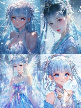 16k超高清，惊艳的动漫风格中国公主形象。公主拥有闪耀的白皙肌肤，泛着柔和的珍珠光泽。 她面部妆容精致，眼妆是重点。双眸大而明亮，犹如澄澈的蓝色湖水，眼尾微微上翘。眼线用细腻的银色线条勾勒，眼角处延伸出细碎的冰晶形状装饰，且点缀着淡蓝色闪粉。睫毛浓密卷翘，根根分明。眉毛为柳叶眉，颜色淡雅，凸显温婉气质。嘴唇微微噘起，唇色是娇嫩的樱花粉，似有晶莹的水光。 公主头戴华丽凤冠，主体以白金打造，镶嵌着大量蓝色宝石与闪耀的钻石，正中央是一颗硕大的椭圆形蓝色水晶，散发出神秘光芒。凤冠边缘垂下多条细长银链，链尾缀着小巧的珍珠与精致的冰晶，随着动作轻轻摇曳。 她身着奢华礼服，材质为色彩斑斓的丝绸，以淡蓝色为主色调，交织着浅粉、淡紫等柔和色彩，丝绸表面用金银丝线绣满精美的凤凰与祥云图案，凤凰姿态各异，栩栩如生。礼服上点缀着无数细小的水钻与闪耀的冰晶，在光线折射下五彩斑斓。裙摆宽大，拖地部分呈现出渐变效果，由浅至深，宛如梦幻的蓝色海洋。 她将蓝色长发精心束于脑后，束发处用一条镶嵌着宝石与冰晶的丝带系成蝴蝶结，丝带两端自然垂下，随风飘动。头发顺滑亮泽，发尾微微卷曲，几缕碎发垂落在脸颊两侧，增添几分俏皮。 在她周围，有一些闪烁的冰晶漂浮，仿佛是围绕着她的神秘力量，营造出一种如梦如幻、纯洁且高贵冷艳的氛围。整体画面光影效果细腻，主光源从斜上方洒落，突出面部与服饰的细节，阴影部分柔和自然，展现出公主的极致魅力。