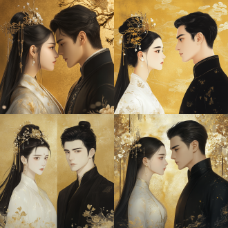 画面整体背景为纯粹金色，简洁无杂线与杂色。采用对称镜像构图，展现中国古代公主与古代帅哥鼻尖碰鼻尖，0 距离对视，气氛紧张，势不两立。 公主身着简约 yet 极具质感的华服，整体色调以纯净白色为主，其上用金色线条极简勾勒出传统云纹与牡丹图案，彰显身份。她肌肤白皙如雪，面庞精致，柳眉倒竖，黑眸如深邃幽潭，眼神锐利，流露出倔强与嗔怒。乌黑长发束起，头戴一顶造型简约的金色凤冠，凤冠上仅点缀几颗硕大圆润的白色珍珠，更显高贵。 对面的古代帅哥，一袭黑色劲装，仅以白色线条简单勾勒出领口、袖口与衣摆的几何纹路。他剑眉高挑，眼神冷峻，白色眼眸犹如寒星，透着坚毅与一丝无奈。面部轮廓分明，薄唇紧闭。 两人身姿挺拔，姿势呈严格对称。服装、发色、眼神等形成鲜明对比，通过简洁有力的线条与色彩，传递出强烈的情感张力与震撼感。