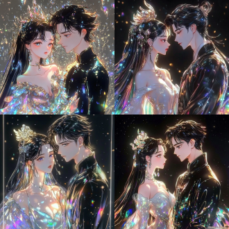 画面整体背景为纯粹金色，简洁无杂线与杂色。采用对称镜像构图，展现中国古代公主与古代帅哥鼻尖碰鼻尖，0 距离对视，气氛紧张，势不两立。 公主身着简约 yet 极具质感的华服，整体色调以纯净白色为主，其上用金色线条极简勾勒出传统云纹与牡丹图案，彰显身份。她肌肤白皙如雪，面庞精致，柳眉倒竖，黑眸如深邃幽潭，眼神锐利，流露出倔强与嗔怒。乌黑长发束起，头戴一顶造型简约的金色凤冠，凤冠上仅点缀几颗硕大圆润的白色珍珠，更显高贵。 对面的古代帅哥，一袭黑色劲装，仅以白色线条简单勾勒出领口、袖口与衣摆的几何纹路。他剑眉高挑，眼神冷峻，白色眼眸犹如寒星，透着坚毅与一丝无奈。面部轮廓分明，薄唇紧闭。 两人身姿挺拔，姿势呈严格对称。服装、发色、眼神等形成鲜明对比，通过简洁有力的线条与色彩，传递出强烈的情感张力与震撼感。