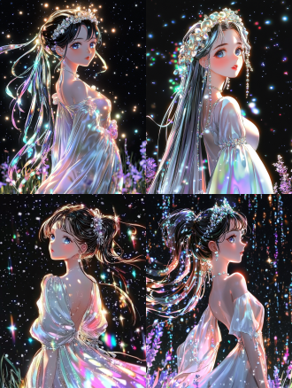 16k超高清，梦幻写实风格插画，远景全身照视角。夜空中，满天繁星闪烁，每一颗星星都散发着柔和且明亮的光芒，如同细碎的钻石洒落在浩瀚天幕。星星大小不一，疏密有致，部分星星聚集在一起，形成朦胧的星团，为夜空增添神秘而浪漫的氛围。 画面中心，一位美丽的珍珠公主仰头凝视着天上的星星。公主面庞精致，肌肤如羊乳般白皙，泛着珍珠般的柔和光泽。她的眼睛犹如深邃的蓝宝石，清澈而明亮，眼中倒映着漫天星辰，满是憧憬与陶醉。她的鼻梁挺直，嘴唇如娇艳的玫瑰花瓣，微微张开，似在轻轻感叹星空的美丽。 公主头戴华丽的珍珠王冠，王冠主体由白金打造，镶嵌着大小不一的圆润珍珠，珍珠排列成优雅的曲线，在星光下折射出迷人的光晕。王冠上还点缀着几颗璀璨的蓝宝石，与公主的眼眸相互呼应。她的头发如黑色的绸缎般柔顺，垂落在双肩，发间别着几朵用珍珠和钻石制成的小花，精致而华丽。 公主身着一袭拖地的白色长裙，裙摆如云朵般轻盈飘逸。裙子由轻薄的丝绸制成，上面绣满了银色的星星图案，与夜空中的星星相呼应。裙子的领口和袖口镶嵌着一圈珍珠，腰间系着一条宽腰带，腰带上镶嵌着一颗巨大的圆形珍珠，散发着柔和的光芒，成为整个造型的焦点。 公主站在一片开阔的草地上，草地的边缘延伸至画面底部。草地上的青草在微风中轻轻摇曳，每一根草叶都被细致描绘，仿佛能感受到微风的吹拂。周围的野花星星点点地散布着，有淡紫色的、浅黄色的、粉色的，为画面增添了一抹生动的色彩。 画面的光线主要来自于星空，柔和的星光洒在公主身上，勾勒出她曼妙的身姿，使她仿佛被一层梦幻的光晕所笼罩。同时，草地上也被星光染成淡淡的蓝色，与夜空的色调相融合，营造出一种宁静而浪漫的氛围。整个画面充满了梦幻与诗意，展现出珍珠公主在满天繁星下的美丽与沉醉。