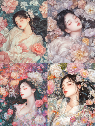 16k 超高清，汲取新艺术运动风格灵感的插画。融合彩色玻璃迷人的半透明质感与自然元素浪漫韵律。 画面中，一位中国古代美丽的公主安睡在无数彩色鲜花之中。公主身姿优雅，线条柔美，身着华丽的传统中式睡袍，丝绸材质细腻光滑，以淡粉色为主色调，上面用金银丝线绣满精致的花卉图案，如牡丹、梅花等，绣工精细，花卉栩栩如生。领口和袖口处镶有一圈轻柔的白色绒毛，增添几分温婉。 公主的面庞精致绝伦，肌肤白皙如雪，泛着淡淡的光泽。她双眼轻闭，长睫如羽，微微卷曲。眉毛宛如柳叶，眉色淡雅。嘴唇恰似娇艳欲滴的花瓣，色泽粉嫩。乌黑亮丽的长发如瀑布般散开，铺在鲜花之上，发间点缀着几朵小巧的珍珠与宝石制成的花朵发饰，在微光下闪烁着柔和光芒。 环绕着公主的是无数五彩斑斓的鲜花。有娇艳的粉色桃花、明黄色的迎春花、淡紫色的丁香花、洁白的梨花等等，它们相互交织，形成一片花的海洋。花瓣轻薄透明，呈现出类似彩色玻璃的半透明质感，在光线的穿透下，散发出梦幻般的色彩，仿佛每一片花瓣都蕴含着独特的光芒。花朵与藤蔓相互缠绕，藤蔓的线条蜿蜒曲折，犹如灵动的丝带，顺着公主的身体轮廓蔓延，与公主的身姿完美融合，仿佛公主与鲜花藤蔓本就一体，宛如从画中走出的花中仙子。 画面整体以柔和的光线为主，光线仿佛从上方轻轻洒落，给公主和鲜花披上一层朦胧的光晕，营造出优雅、神秘且浪漫的氛围。每一处细节，从公主的发丝到花瓣的脉络，都刻画得细腻入微，每一笔都充满生机，传递着大自然的诗意，展现对自由与美的不懈追求。