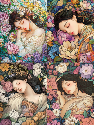 16k 超高清，汲取新艺术运动风格灵感的插画。融合彩色玻璃迷人的半透明质感与自然元素浪漫韵律。 画面中，一位中国古代美丽的公主安睡在无数彩色鲜花之中。公主身姿优雅，线条柔美，身着华丽的传统中式睡袍，丝绸材质细腻光滑，以淡粉色为主色调，上面用金银丝线绣满精致的花卉图案，如牡丹、梅花等，绣工精细，花卉栩栩如生。领口和袖口处镶有一圈轻柔的白色绒毛，增添几分温婉。 公主的面庞精致绝伦，肌肤白皙如雪，泛着淡淡的光泽。她双眼轻闭，长睫如羽，微微卷曲。眉毛宛如柳叶，眉色淡雅。嘴唇恰似娇艳欲滴的花瓣，色泽粉嫩。乌黑亮丽的长发如瀑布般散开，铺在鲜花之上，发间点缀着几朵小巧的珍珠与宝石制成的花朵发饰，在微光下闪烁着柔和光芒。 环绕着公主的是无数五彩斑斓的鲜花。有娇艳的粉色桃花、明黄色的迎春花、淡紫色的丁香花、洁白的梨花等等，它们相互交织，形成一片花的海洋。花瓣轻薄透明，呈现出类似彩色玻璃的半透明质感，在光线的穿透下，散发出梦幻般的色彩，仿佛每一片花瓣都蕴含着独特的光芒。花朵与藤蔓相互缠绕，藤蔓的线条蜿蜒曲折，犹如灵动的丝带，顺着公主的身体轮廓蔓延，与公主的身姿完美融合，仿佛公主与鲜花藤蔓本就一体，宛如从画中走出的花中仙子。 画面整体以柔和的光线为主，光线仿佛从上方轻轻洒落，给公主和鲜花披上一层朦胧的光晕，营造出优雅、神秘且浪漫的氛围。每一处细节，从公主的发丝到花瓣的脉络，都刻画得细腻入微，每一笔都充满生机，传递着大自然的诗意，展现对自由与美的不懈追求。