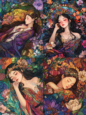 16k 超高清，汲取新艺术运动风格灵感的插画。融合彩色玻璃迷人的半透明质感与自然元素浪漫韵律。 加 y2k 风格中的镭射光泽，画一个中国古代的公主，带凤冠，睡在七彩花丛中。全身照视角。