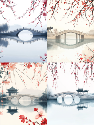 16k超高清，具有国风水墨画淡雅风格的插画。以独特创意展现扬州三月的美丽景致。 画面中心，扬州瘦西湖的五亭桥静静横跨于如镜的湖面之上。五亭桥的桥身线条简洁流畅，以淡墨勾勒，桥体的砖石纹理用细腻笔触描绘，呈现古朴质感。亭顶采用中国传统建筑色彩，以朱红与金黄为主色调，朱红部分以淡彩轻染，金黄处则巧妙运用金色油墨点缀，在柔和光线中散发淡淡的光泽，凸显其庄重与华丽，在整体淡雅色调里形成鲜明却和谐的视觉焦点。 湖面清澈如镜，运用水墨渲染的方式，以淡蓝色为主色调，微微泛着青绿色的光泽，通过细腻的色彩过渡表现出湖水的宁静与深邃。五亭桥在湖中的倒影清晰可见，倒影的线条与色彩相较于实体桥稍显模糊与淡雅，营造出虚实相生的空灵之感。 画面上方，垂柳依依，细长柳枝如丝绦般垂下。柳枝用极细的墨线勾勒，每一根都富有弹性与动感，仿佛在微风中轻轻摇曳。柳叶以嫩绿之色晕染，运用渐变手法，从叶尖的浅绿到叶根的深绿，自然过渡。部分柳叶上还点缀着晶莹剔透的露珠，宛如清晨的馈赠，露珠以高光表现，反射出周围环境的色彩，增添画面的生动感。 画面右侧，繁花似锦，粉色与红色的花朵相互交织。花朵以工笔手法细腻描绘，花瓣的纹理清晰可见，每一朵都姿态各异。粉色花朵如少女的羞涩红晕，用淡粉色层层晕染；红色花朵似热烈的火焰，以朱红与玫红巧妙搭配，突出其鲜艳夺目。花丛中还穿插着一些白色的小花，如点点繁星，起到提亮画面与丰富色彩层次的作用。花丛下方，绿草如茵，以深浅不同的绿色表现出草地的层次感，草叶上同样点缀着细小的露珠，与柳叶上的露珠相呼应。 近景处，一座古亭的一角飞檐翘角，精巧的建筑结构尽显中式建筑的独特魅力。飞檐的轮廓用浓墨勾勒，线条硬朗有力，彰显建筑的坚实。檐角悬挂着小巧的风铃，风铃以金色与银色为主色调，用细腻笔触描绘出其精致的花纹与光泽，仿佛能听见微风拂过时发出的清脆声响。古亭的柱子用朱红色渲染，搭配淡褐色的木纹，展现出岁月的痕迹。 背景天色从浅黄渐变至淡蓝，模拟 dawn 或 dusk 时分柔和的天空色彩。浅黄部分如同黎明曙光初现或黄昏余晖映照，给画面增添温暖的氛围；淡蓝部分则代表着天空的宁静与深邃。在天空与大地的交界处，薄雾轻笼，以淡墨与淡蓝色混合晕染，营造出朦胧的效果，仿佛为整个画面蒙上一层轻薄的纱幕，增添画面的悠远意境，让人仿佛置身于江南春日的温婉梦境之中。画面整体色调清新淡雅，通过细腻的笔触与色彩运用，将扬州三月的美丽展现得淋漓尽致。