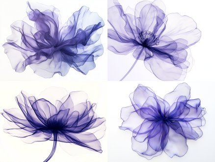 一朵由紫色薄纱制成的花，浅色背景，淡白色与靛蓝色调，空灵的插画，线条细腻，具有梦幻质感，浅灰色与深蓝色相衬，紫色花瓣，营造空灵氛围，淡白色与深海军蓝色风格，极简主义。极简主义艺术，细节描绘简约，低角度视角，纯白色背景，透明材质，半透明媒介，单线绘图。