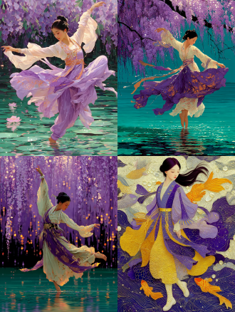 16k高清画质，中国传统工笔淡彩风格与镭射色彩结合效果。一个中国古代美女，紫金裙，珍珠手链，细节清晰，美得令人震撼。脚尖点着湖水，轻盈地在湖上跳舞，月光洒落湖面，化成星光点点，有碎钻光芒。