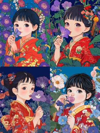 16k高清品质。画面风格：借鉴日本浮世绘的艺术风格，运用扁平且富有装饰性的线条勾勒轮廓，色彩鲜艳浓烈且对比强烈，具有鲜明的东方韵味与独特的平面化美感，注重画面的形式感和叙事性。 景别描述：半身景，着重展现小女孩上半身以及手中的牵牛花，突出人物表情与动作细节，同时展现部分花海，营造主体与环境的融合感。 画面色彩：以鲜明的对比色为主，花海以深浅不同的紫色牵牛花为主色调，搭配绿色枝叶，形成浓郁的视觉冲击。小女孩服饰选用红色、黄色等鲜艳色彩，与紫色花海相互映衬。天空用蓝色，与整体暖色调形成对比，增加画面张力。 主体描述：小女孩脸庞圆润，皮肤白皙透粉，如同鲜嫩的樱花。弯弯的柳眉，恰似月牙，眉色浓黑。眼睛大而明亮，黑白分明，眼眸中闪烁着好奇与纯真，眼角微微上翘。小巧的鼻子下，嘴唇如樱桃般红润。她梳着两个发髻，用彩色丝带系着，垂落在肩膀两侧。身着一件红色和服，和服上印有金色的云纹图案，领口和袖口处装饰着精致的黄色蕾丝边。 动作描述：小女孩站在花海中，微微侧身，头部倾斜，一只手抬起，将一朵盛开的牵牛花凑近嘴边，嘴巴微微嘟起，做出吹喇叭的动作，另一只手自然下垂，轻轻捏着和服的裙摆。 表情描述：脸上洋溢着欢快的笑容，露出洁白的牙齿，眼神专注而又充满喜悦，仿佛真的吹出了美妙的声音，纯真可爱之情溢于言表。 氛围描述：营造出欢快、活泼且充满传统艺术氛围的场景，让观者感受到小女孩在花海中的愉悦，以及浮世绘风格带来的独特魅力。 画面效果：通过浮世绘风格的线条与色彩运用，使画面具有强烈的装饰性和艺术感染力，将小女孩与花海的场景生动地呈现出来，给人留下深刻印象。 画面细节：细致描绘小女孩面部的每一个表情细节，如眼睫毛的形态、嘴唇的纹理；精心刻画和服上云纹图案的线条、蕾丝边的细节；牵牛花的花瓣脉络、花蕊形态也清晰展现，体现浮世绘细腻的描绘特点。 光线描述：假设光线从画面左上方斜射而来，小女孩面部左侧、肩部和手臂受光部分色彩稍亮，右侧背光部分色彩稍暗，通过色彩对比表现立体感，但整体仍保持浮世绘相对平面化的风格特点。 背景描述：背景为一片盛开的牵牛花海洋，紫色的花朵层层叠叠，花朵形态各异，有的完全绽放，有的含苞待放。绿色的枝叶穿插其中，形成疏密有致的画面。远处是连绵的青山，以淡蓝色勾勒轮廓，天空为浅蓝色，漂浮着几朵白色的云朵，使画面具有纵深感。