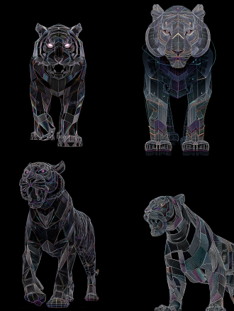 16k超高清，在纯黑背景上绘制一只由细密几何图形构成且具独特效果的老虎。 - 画面风格：融合赛博朋克与几何抽象风格，以简洁而规则的几何图形构建老虎形象，强调线条的精准与图形的秩序感，同时结合镭射反光效果，营造出充满未来科技感与奇幻色彩的视觉风格。 - 景别描述：全身景，完整展现老虎的姿态，凸显其威武形象与整体氛围。 - 画面色彩：主色调为黑色背景与老虎身上银白、金属灰等冷色调几何图形，鳞片部分采用镭射色彩，如紫、蓝、绿等色彩在鳞片上交织反光，形成强烈视觉冲击。 - 主体描述：老虎身形矫健，肌肉线条由三角形、四边形等几何图形拼接而成，凸显力量感。头部以多边形勾勒轮廓，耳朵尖、牙齿和爪子用尖锐几何图形表现，眼睛为圆形，内部有十字星芒状几何装饰，散发神秘光芒。身上覆盖的鳞片由菱形、六边形等几何图形组成，紧密排列。 - 动作描述：老虎呈站立姿势，前腿微微弯曲，后腿有力蹬地，尾巴高高扬起并微微弯曲，头部高昂，嘴巴微微张开，露出锋利牙齿，仿佛在咆哮示威。 - 表情描述：眼神犀利且凶狠，充满威慑力，传达出不容侵犯的威严。 - 氛围描述：纯黑背景营造神秘深邃感，老虎身上的镭射反光鳞片与细密几何图形，营造出奇幻、华丽且充满科技感的氛围，展现其华贵威武。 - 画面效果：借助16k高清画质，使细密几何图形与镭射反光效果细腻呈现，形成极具视觉冲击力的画面，凸显老虎的独特与震撼。 - 画面细节：细致刻画每一个几何图形的边缘、拼接处，鳞片上镭射色彩的渐变与反光方向，以及老虎身上肌肉纹理的几何表现，展现出精致细节。 - 光线描述：假设从多个方向投射出冷白色的光，照在老虎身上，突出几何图形的立体感和鳞片的镭射反光效果，使其在纯黑背景下更加醒目。 - 背景描述：纯黑色背景，无任何纹理或装饰，简洁纯粹，突出主体老虎的形象。