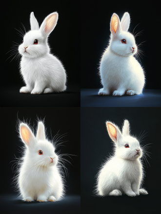 16k超高清，以细腻笔触绘制纯黑背景中的白兔，展现其柔软毛发与钻石般反光效果。 - 画面风格：采用写实风格，注重对细节的极致刻画，通过细腻的笔触和精准的色彩过渡，逼真呈现白兔的形态与质感，结合梦幻元素，营造出神秘而迷人的氛围。 - 景别描述：特写镜头，聚焦白兔，突出其整体形态与毛发细节，让观者能清晰感受其柔软质感与独特光芒。 - 画面色彩：背景为深邃的纯黑色，与白兔形成强烈对比，凸显主体。白兔毛色以纯净的白色为主，略带淡淡的暖黄色调，模拟自然光照效果。毛发反光处呈现细碎的冷色调光芒，如淡蓝色、淡紫色，模拟钻石反光，增强画面奇幻感。 - 主体描述：白兔体型圆润可爱，耳朵修长，耳尖微微向内弯曲，耳朵边缘的绒毛细腻可见。眼睛犹如两颗晶莹剔透的红宝石，清澈明亮，眼眸中倒映出周围的黑暗，更显神秘。鼻子小巧粉嫩，微微颤动，鼻头上的细小绒毛根根分明。嘴巴呈三瓣状，粉粉嫩嫩，嘴唇紧闭。全身毛发浓密且柔软，每一根毛发都仿佛能随风飘动，毛发从背部向腹部逐渐变浅，层次分明。毛发间点缀着细碎的光芒，如同镶嵌了无数微小钻石，光芒闪烁但不刺眼，自然而柔和。 - 动作描述：白兔蹲坐在纯黑背景中，身体微微前倾，前腿并拢，爪子轻轻抓着地面，后腿弯曲，随时准备跳跃。头部微微抬起，耳朵警觉地竖起，仿佛在倾听周围动静。 - 表情描述：眼神中透露出警觉与好奇，专注地凝视着前方，似乎在探索这片黑暗，神情既紧张又充满对未知的好奇。 - 氛围描述：营造出神秘、静谧且充满奇幻色彩的氛围，纯黑背景增添了未知与神秘，白兔身上的细碎钻石反光则带来奇幻的视觉感受，仿佛它是从神秘世界而来的精灵。 - 画面效果：借助16k超高清画质，将白兔的每一处细节，从柔软毛发到钻石般的反光，都逼真地呈现出来，给观者带来强烈的视觉冲击，仿佛白兔真实地呈现在眼前，令人身临其境。 - 画面细节：细致描绘白兔每一根毛发的生长方向、纹理和质感，展现毛发的柔软与蓬松；精心刻画眼睛的光泽、鼻子的湿润感以及嘴巴的细微动作；着重表现毛发间细碎钻石反光的位置、形状和色彩变化，如反光的闪烁频率、光芒的冷暖色调过渡等，让画面充满真实感与奇幻魅力。 - 光线描述：假设光线从画面左上方斜射而来，白兔左侧身体受光，毛发呈现明亮的暖白色，右侧身体处于阴影中，但通过细腻的色彩过渡，表现出阴影部分毛发的层次感和立体感。毛发上的钻石反光顺着光线方向闪烁，反光的亮度和色彩因光线角度而有所变化，增强画面的光影效果和立体感。 - 背景描述：背景为纯粹的黑色，没有任何纹理或杂质，如同深邃的宇宙空间，无边无际。这种简洁的背景设计，更加突出了白兔这一主体，使其在黑暗中显得格外醒目，仿佛它是这片黑暗世界中的唯一亮点，吸引着观者的全部注意力。